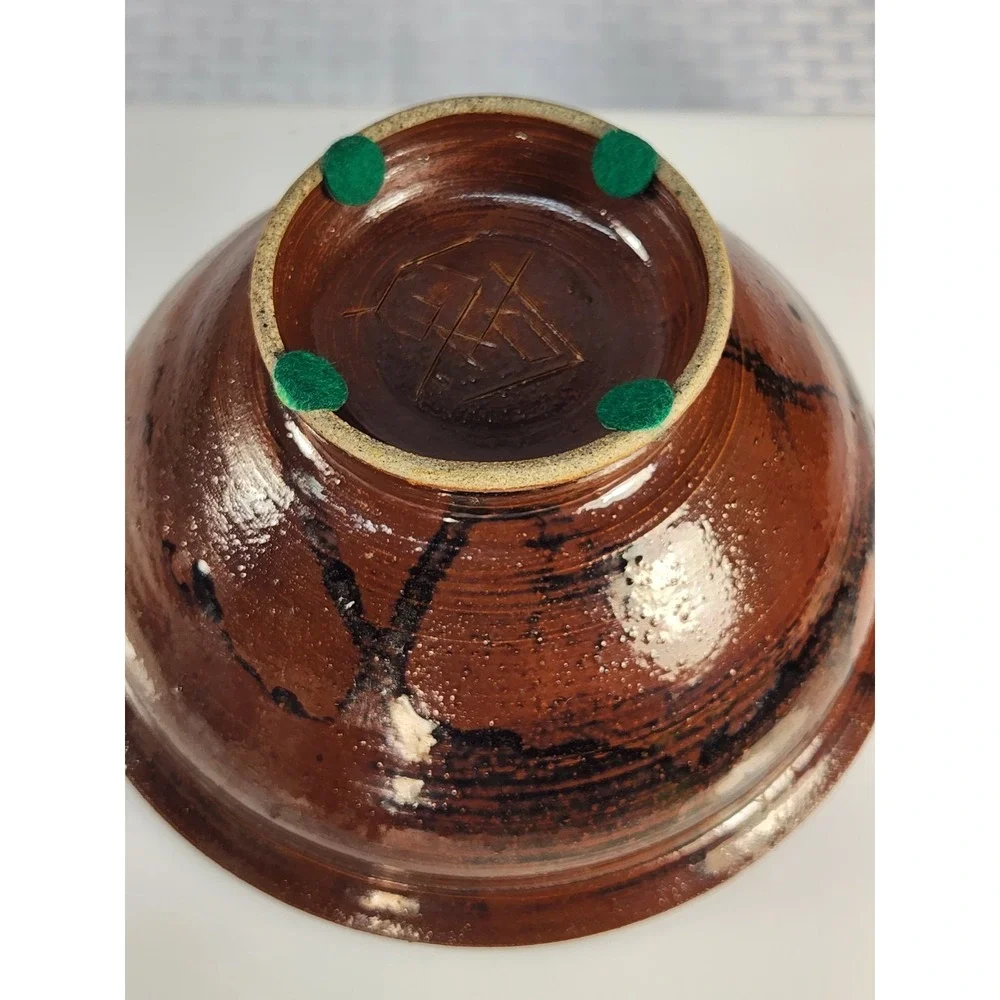 Vintage MCM Studio Art Pottery Bowl Signed GAREY Brown Tenmoku Glaze Footed 1970